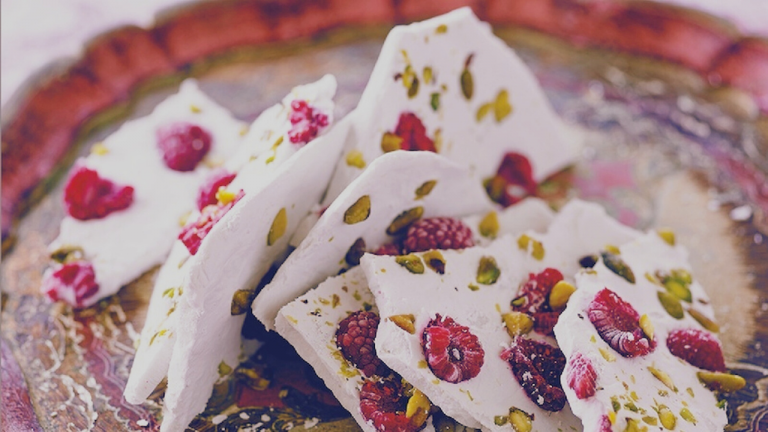 Coconut Jaggery Bark with Pistachios and Rose Petals