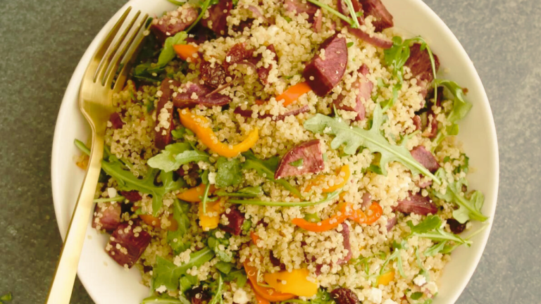 Roasted Veggie Quinoa Salad with Lemon-Tahini Dressing